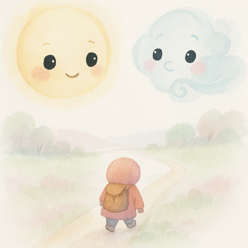 외투를 입은 나그네가 길을 걷는 모습을 해님과 바람이 바라봄